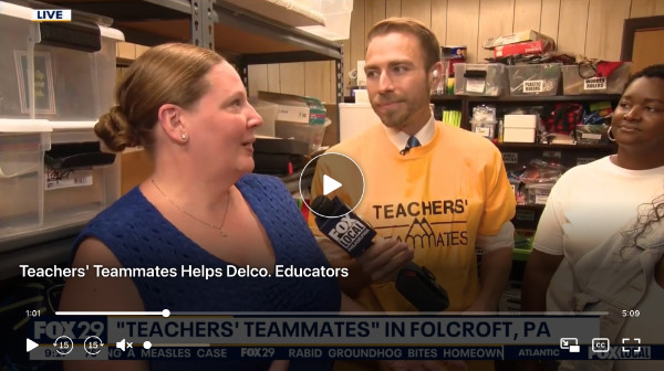 Screenshot of a Fox29 newscast about Teachers' Teammates helping Delco educators.
